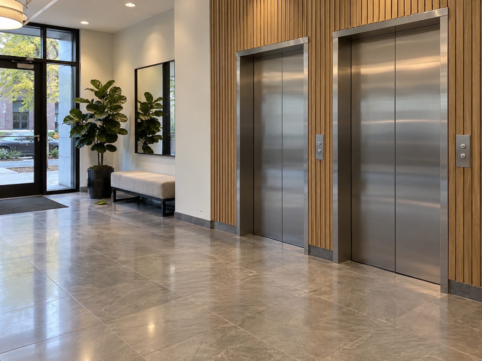 El vestíbulo y la zona del elevador de un edificio de condominios, limpio y vacío