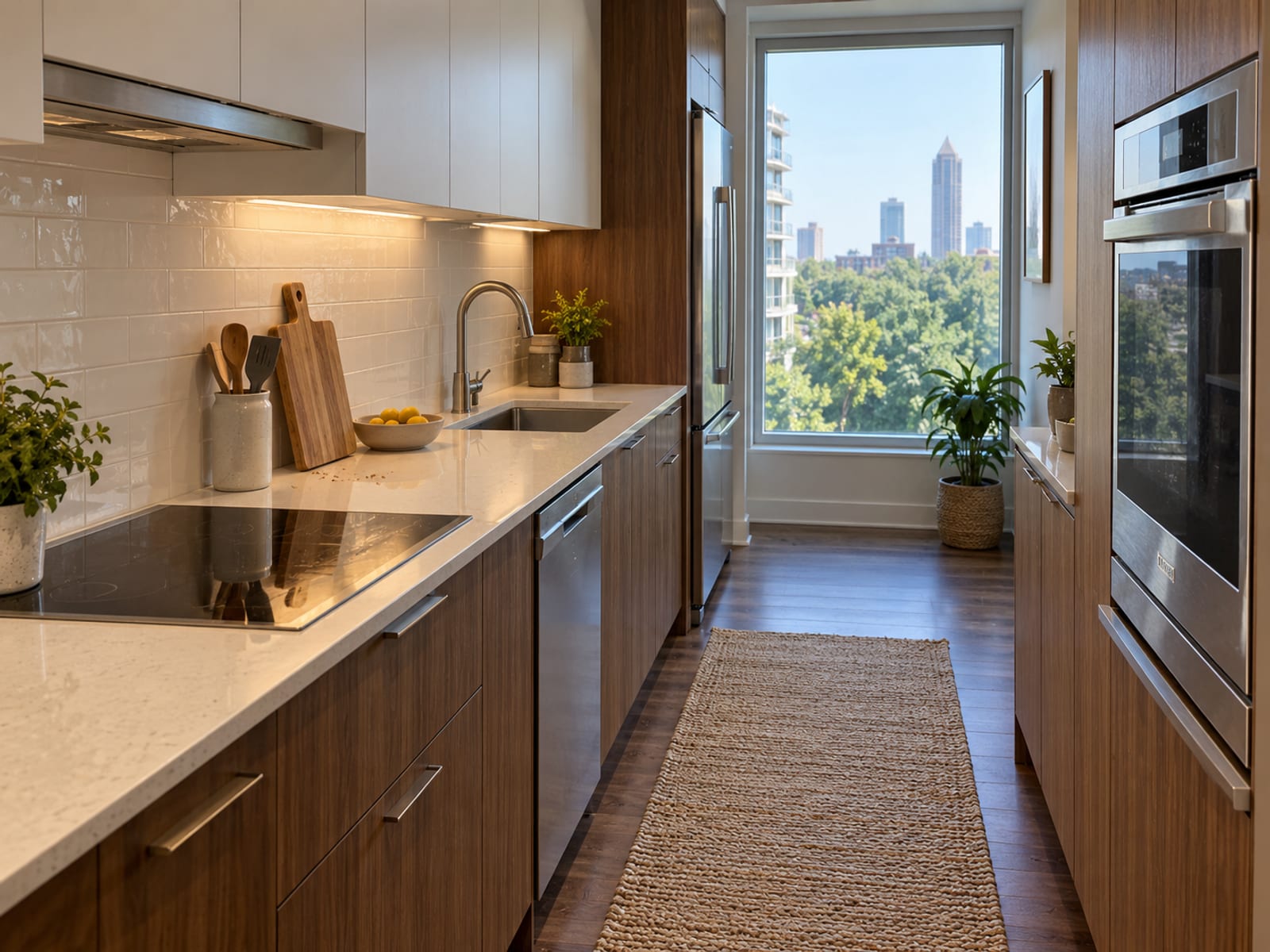 Gabinetes de cocina, una encimera y electrodomésticos empotrados dentro de una unidad de condominio