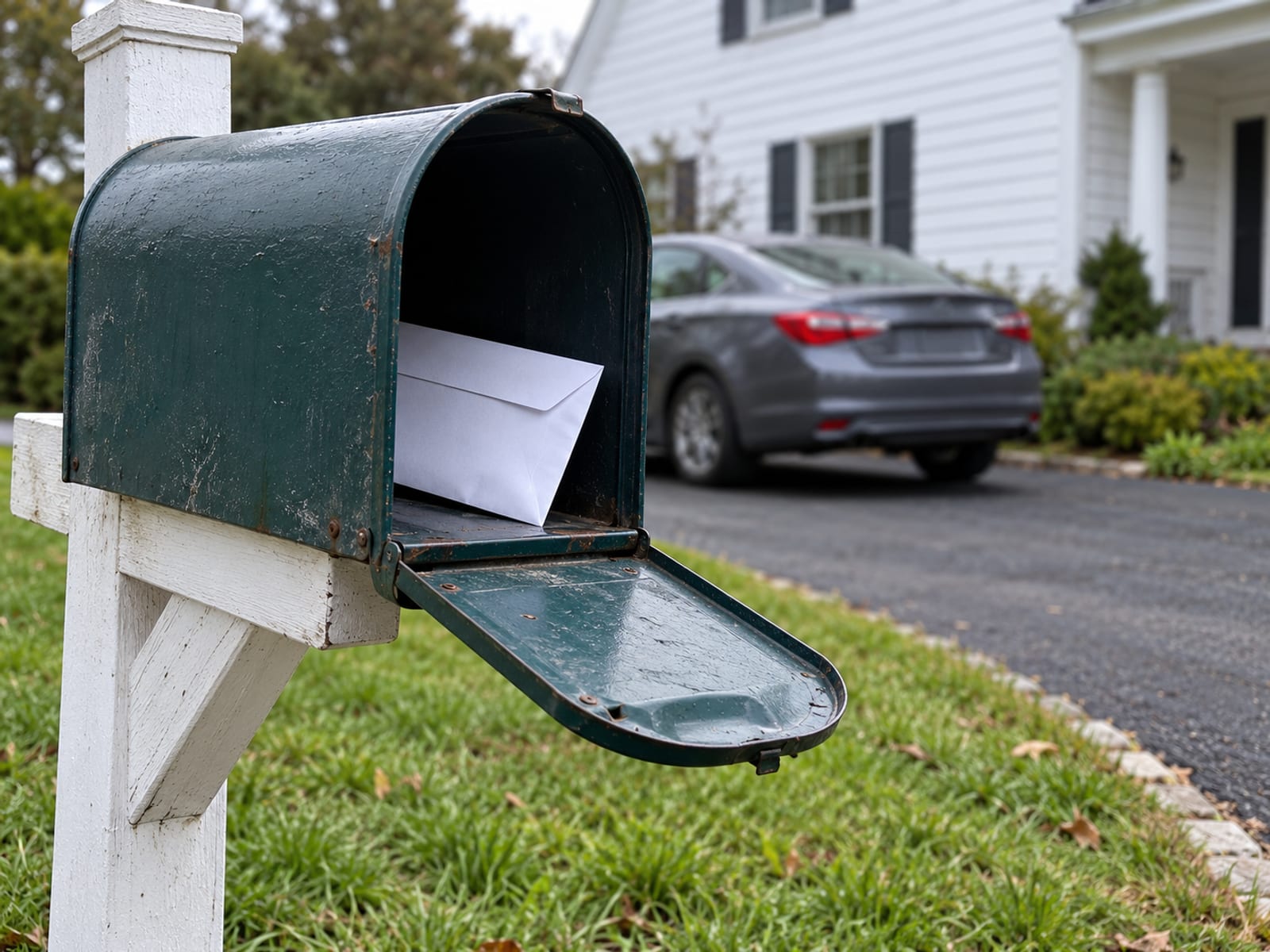 A mailbox at the end of a driveway with an unopened envelope inside and a parked car in the background