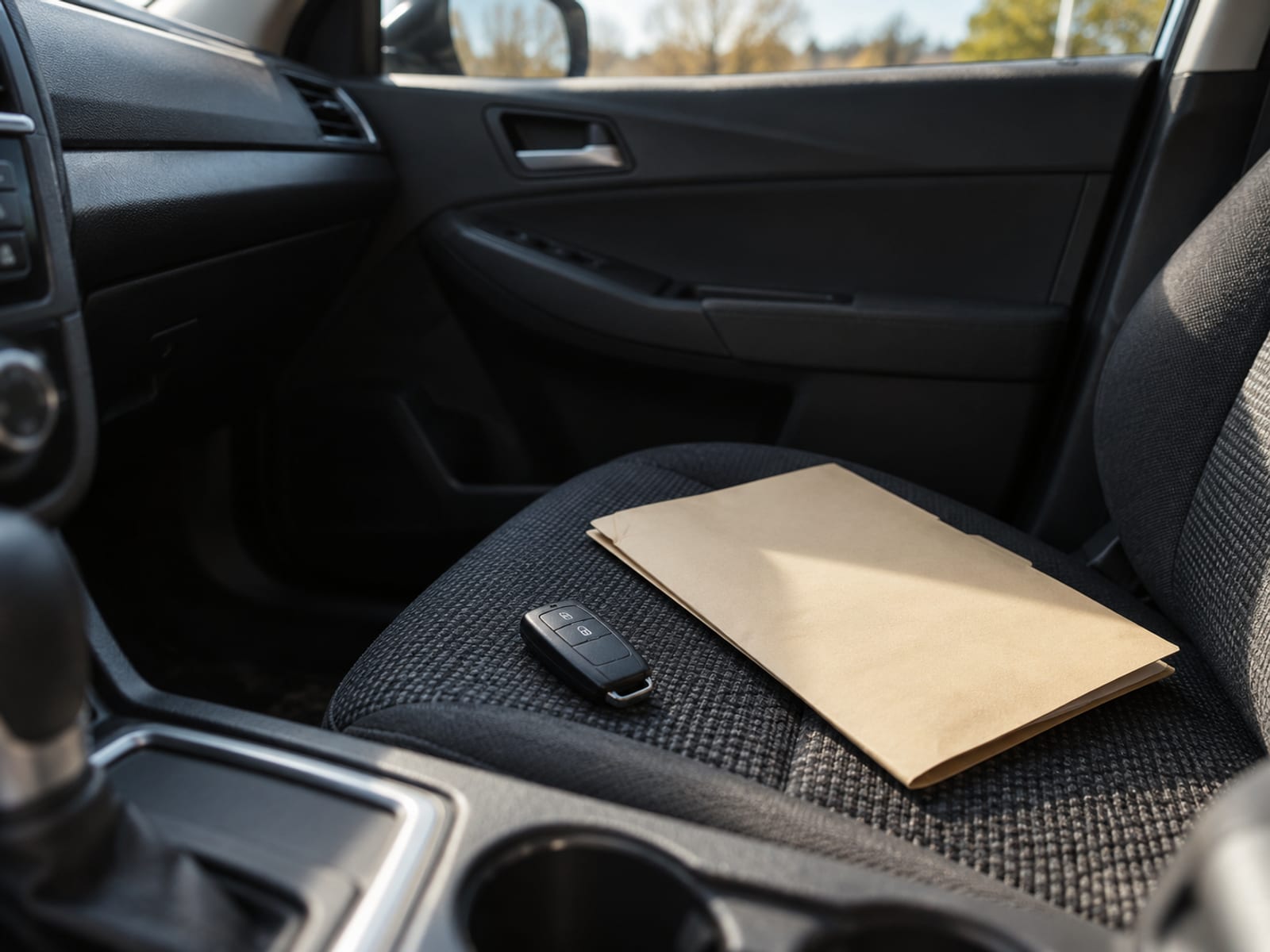 A car key fob and a closed blank folder on the passenger seat of a car