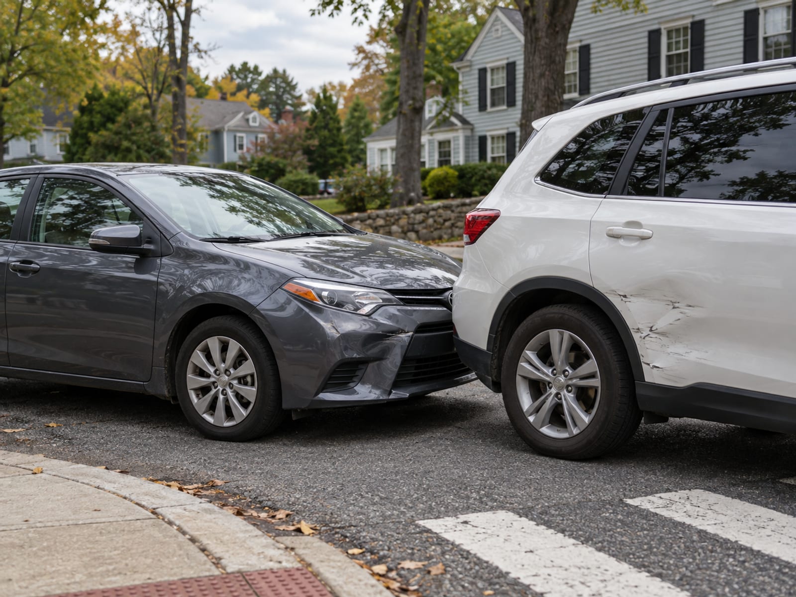 Two cars stopped at a quiet neighborhood intersection, one with a small dent in its front corner