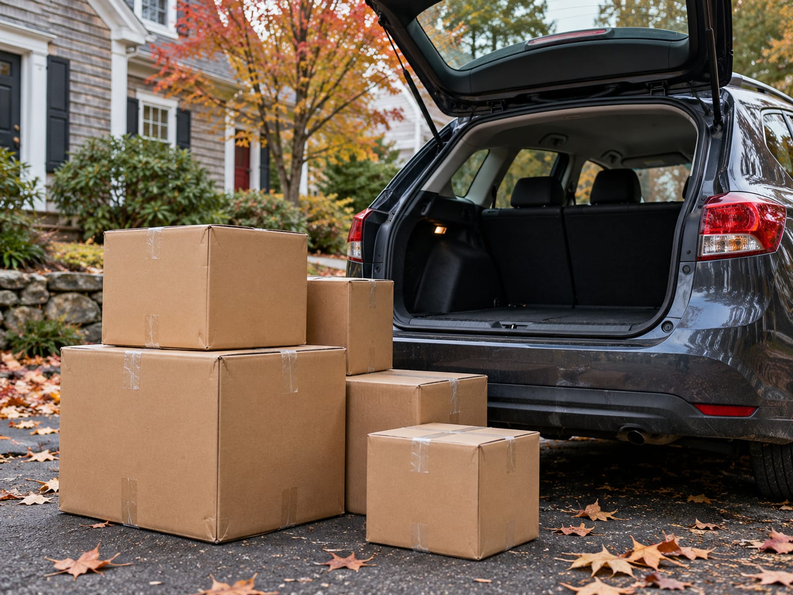 A few closed moving boxes stacked in a driveway beside a parked car with its trunk open