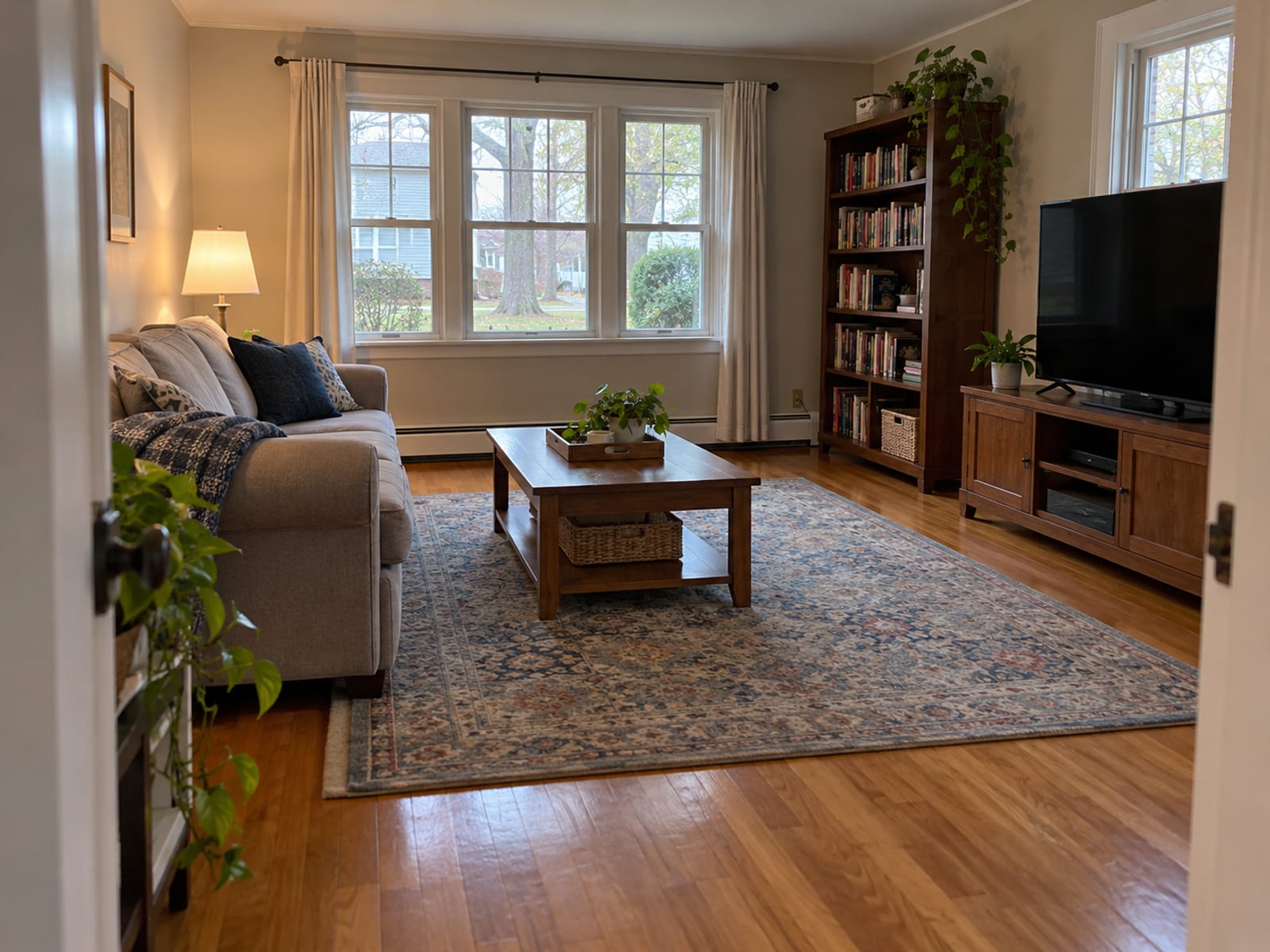 A ground-floor living room with its walls and floor, and the sofa, rug and bookshelf that fill it