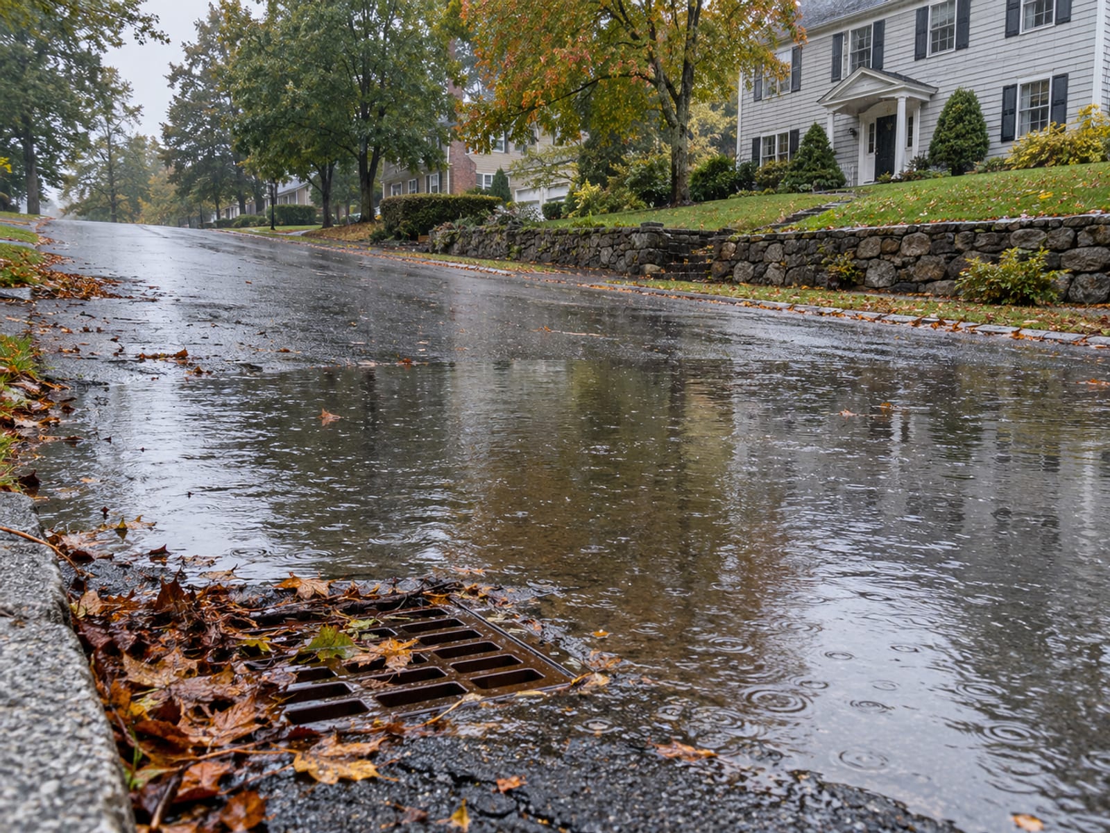 A suburban Connecticut street after heavy rain with water pooled at the low point of the road and a house on the slope above