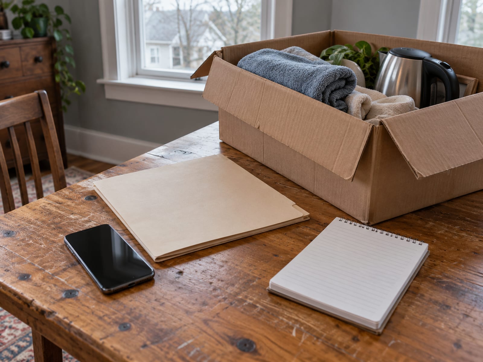A phone, a folder and a notepad laid out on a dry table beside a cardboard box of household items