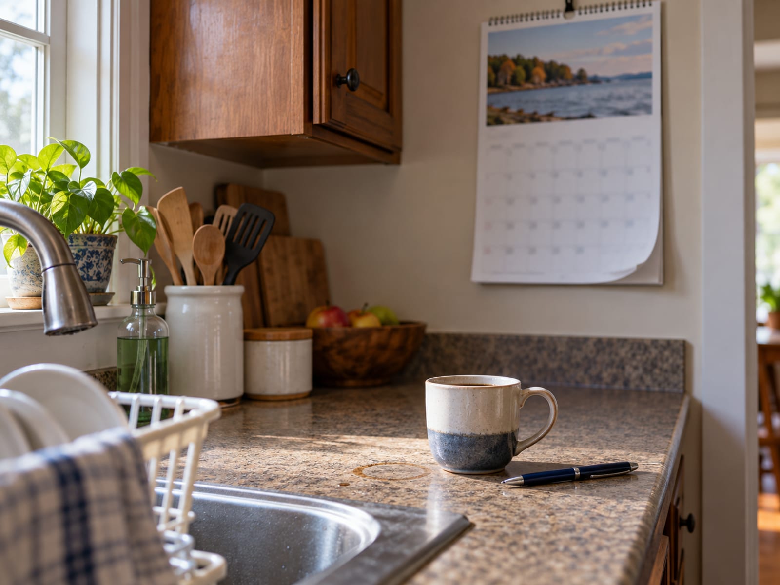A wall calendar with no readable dates beside a cup of coffee and a pen on a kitchen counter