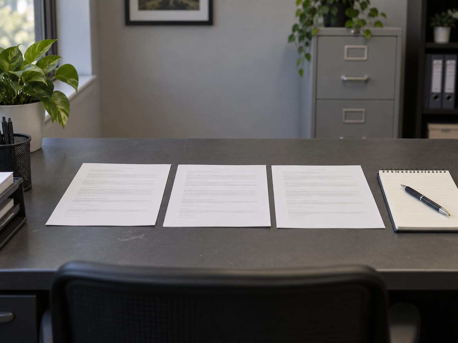 Three printed quote summaries laid side by side on a wooden table with a notepad and a pen
