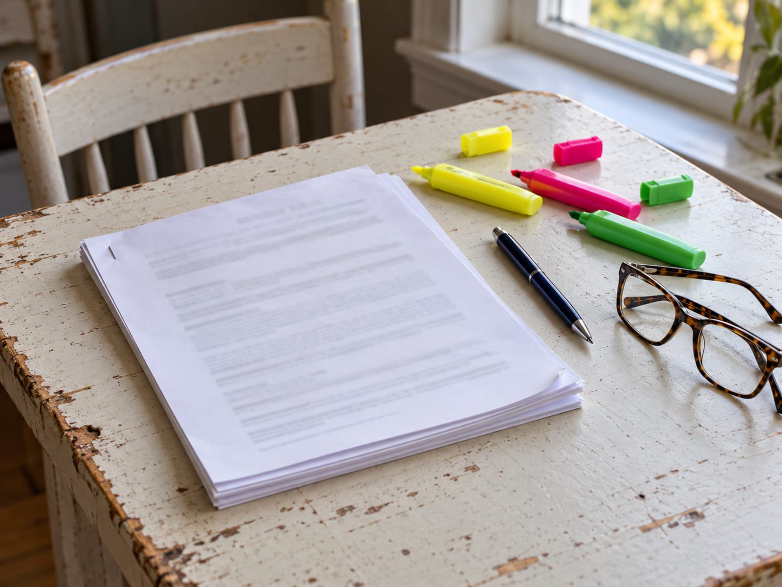 A printed renewal packet on a kitchen table with highlighters, a pen and a pair of reading glasses