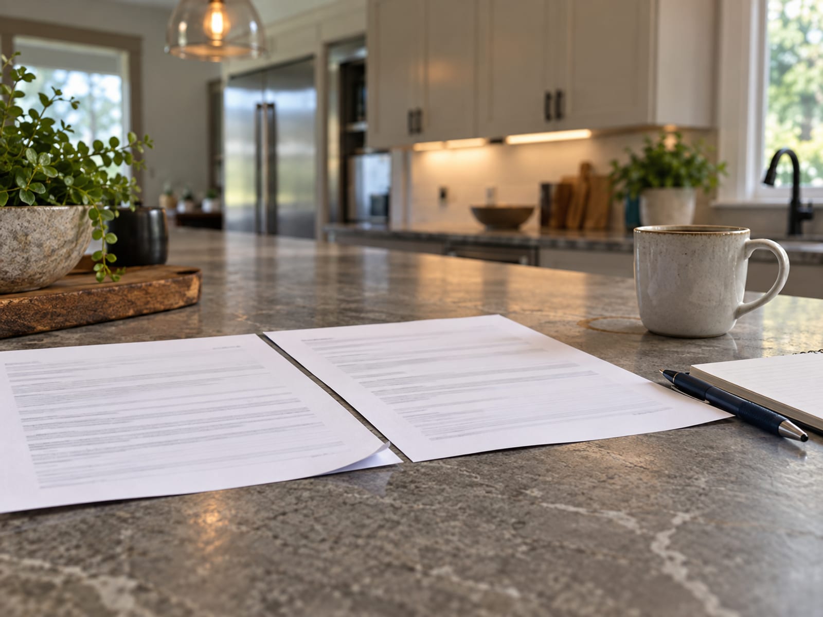 Two printed policy pages laid side by side on a desk with a pen, a notepad and a cup of coffee