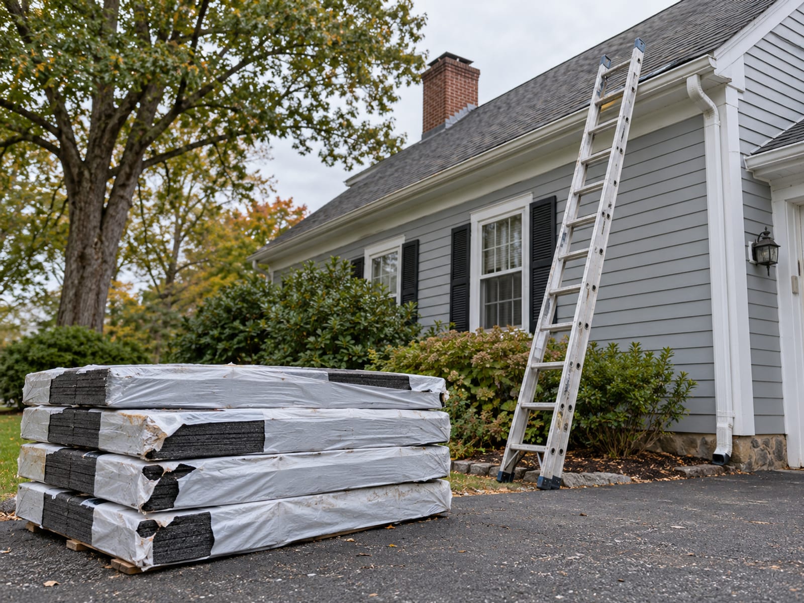 A suburban New England house with a ladder against one wall and stacked roofing materials on the driveway