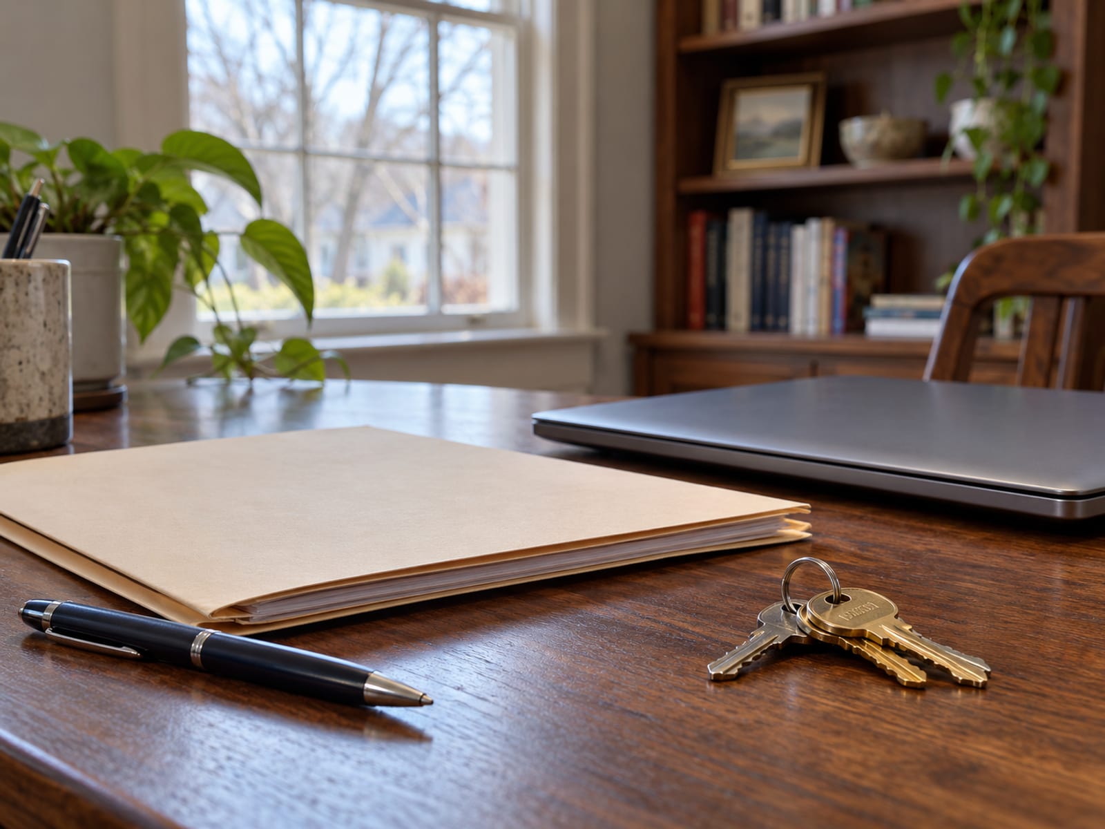 A tidy desk with a closed mortgage paperwork folder, a pen and a set of house keys beside a laptop