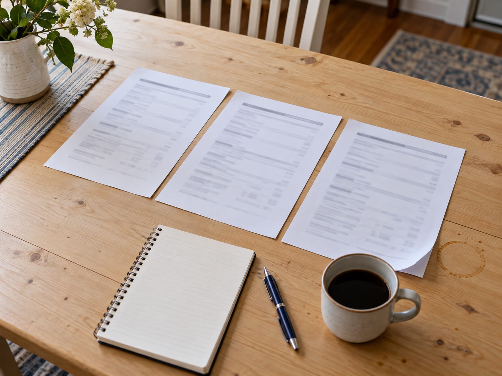Three printed quote summaries laid side by side on a wooden table with a notepad, a pen and a cup of coffee