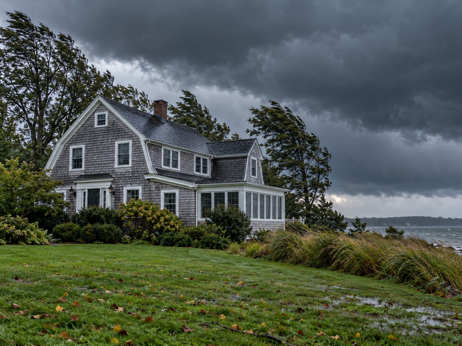 A shingled coastal Connecticut home under gathering storm clouds with bent trees and a wet lawn