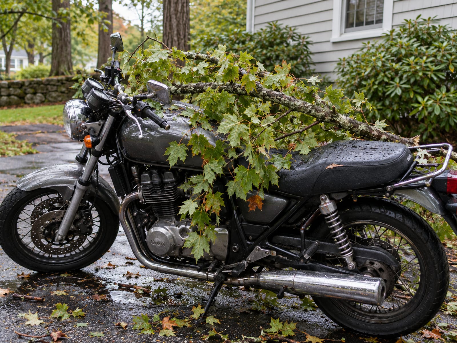 A motorcycle parked on a driveway with a small tree branch resting across the seat after a storm