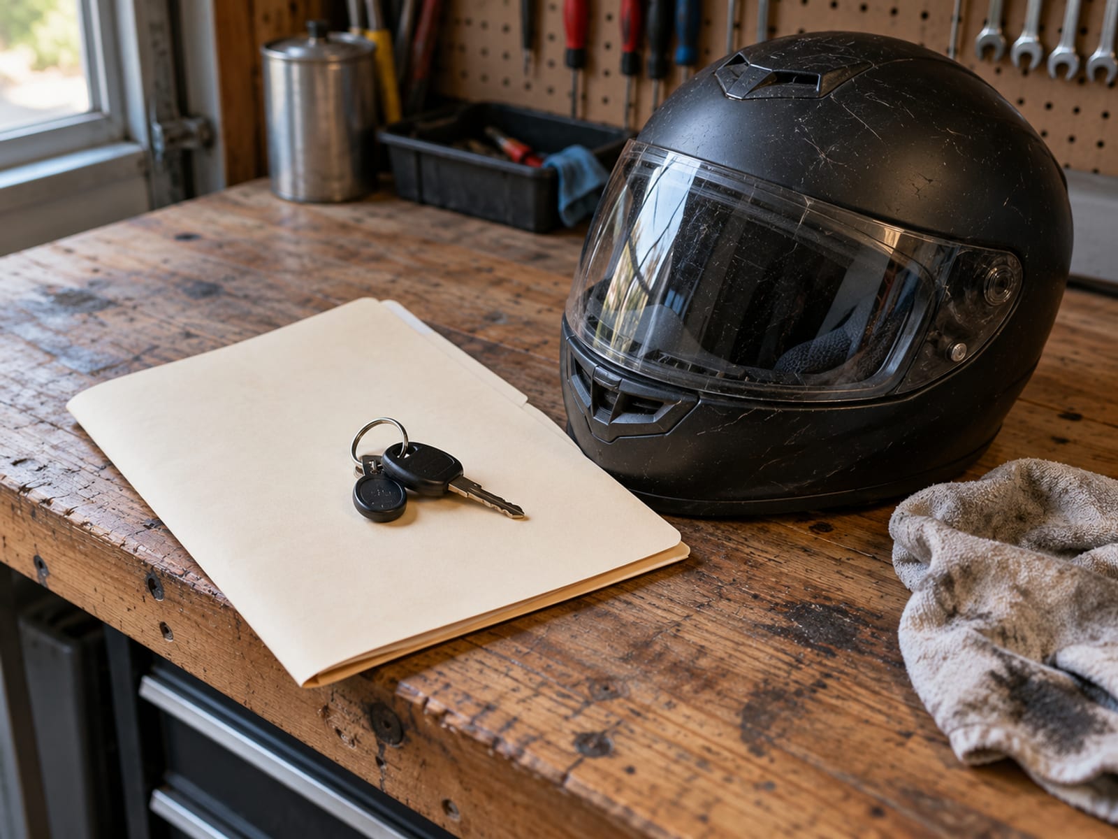 A set of motorcycle keys and a blank document folder on a garage workbench beside a helmet