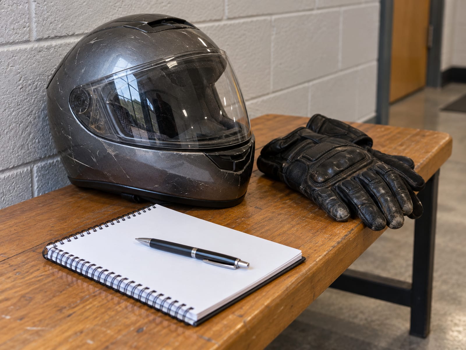 A rider helmet and riding gloves on a wooden bench beside a blank notepad and a pen
