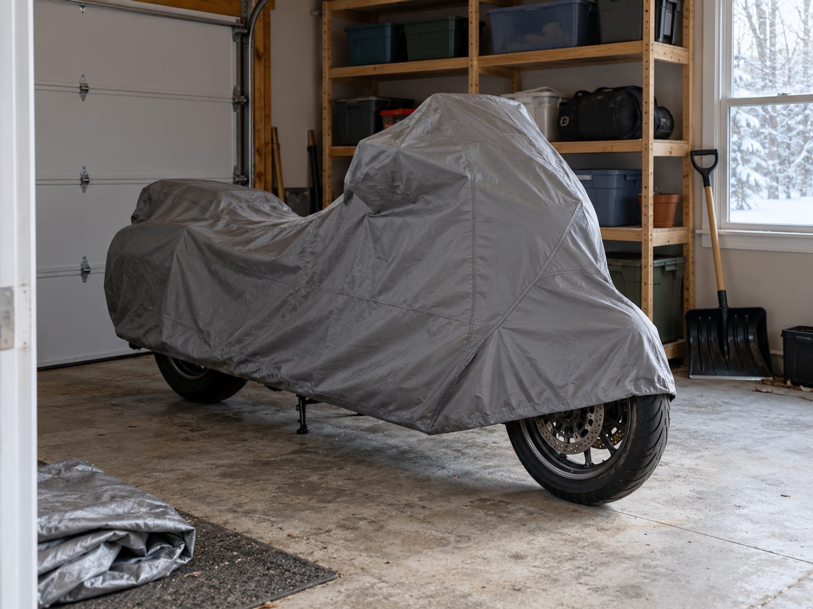 A motorcycle under a fitted cover in a tidy garage in winter light
