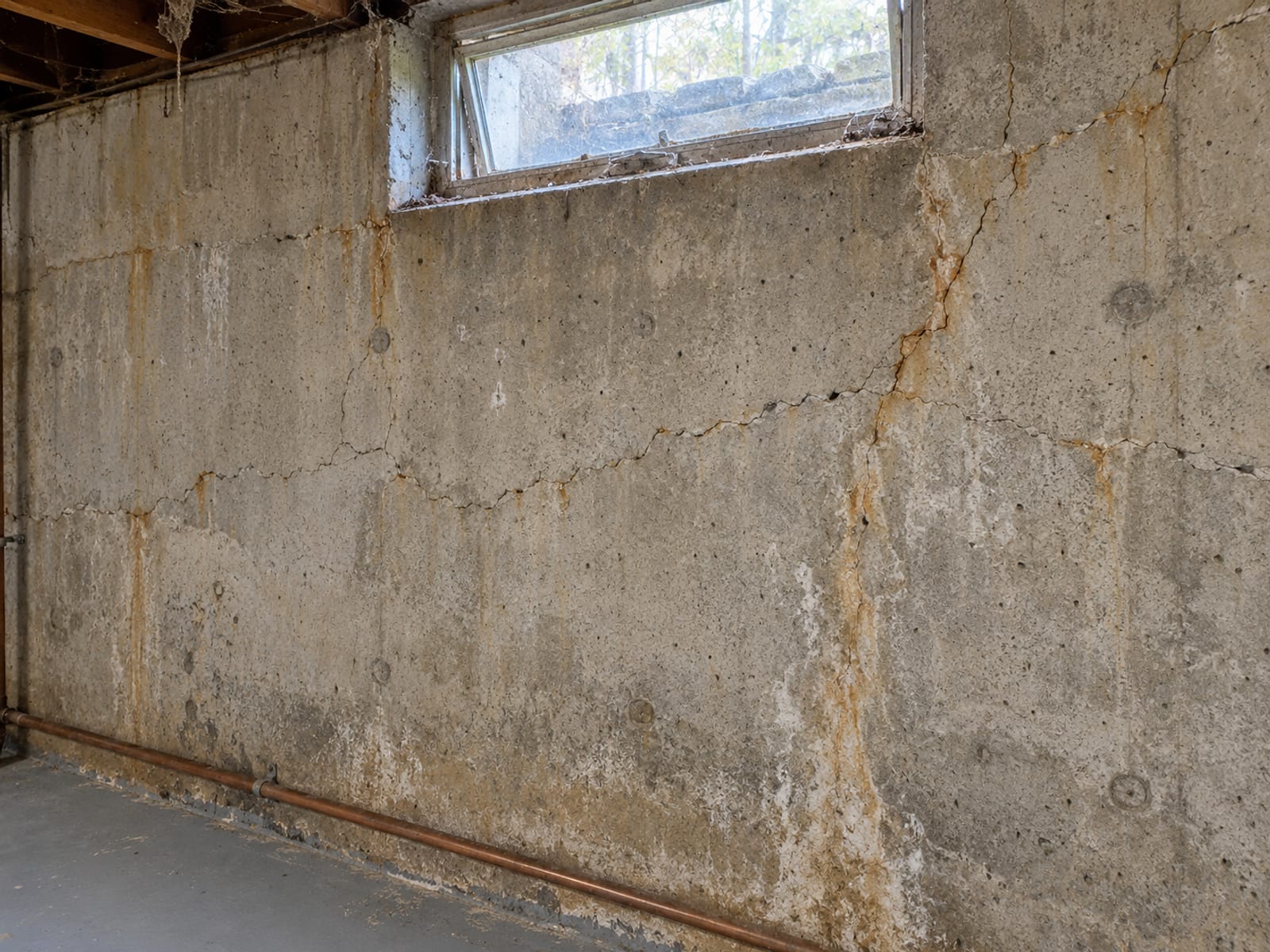 A gray poured concrete basement wall with a web of fine map cracks and faint rust-colored staining