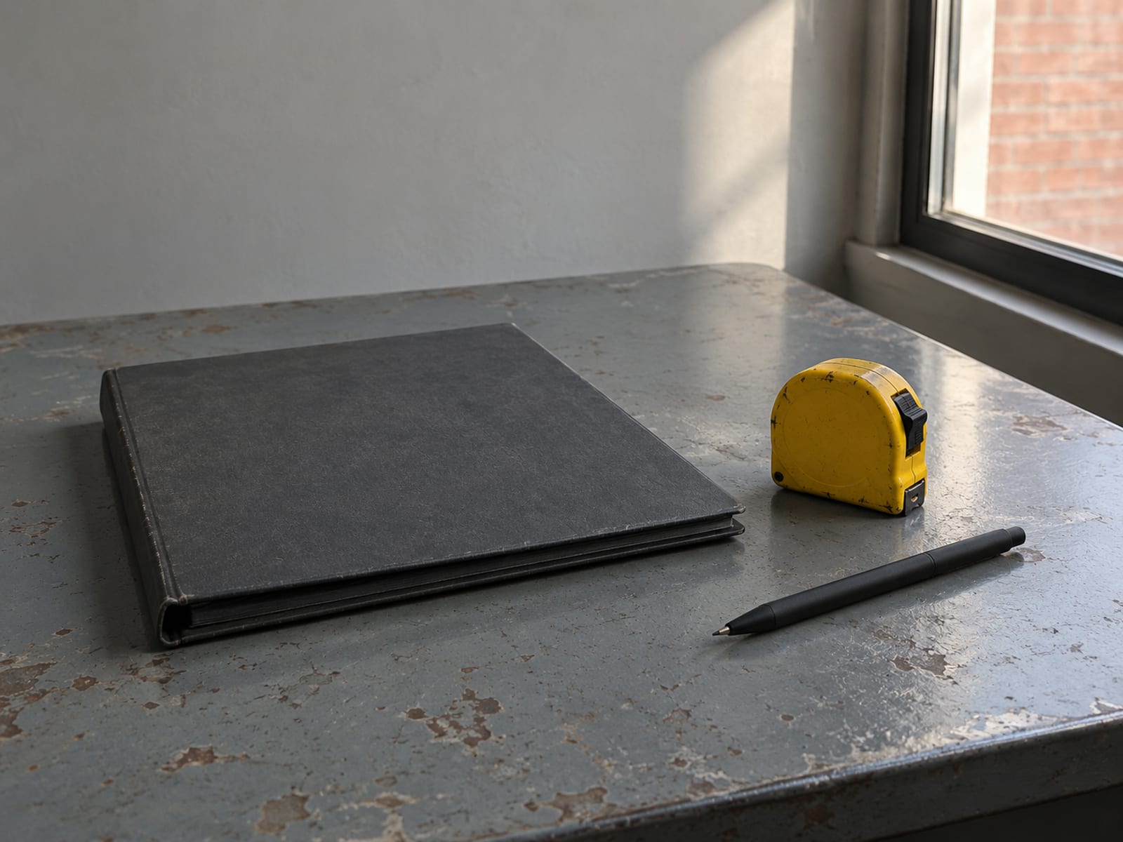 A closed engineering report binder, a tape measure and a pen on a desk beside a window