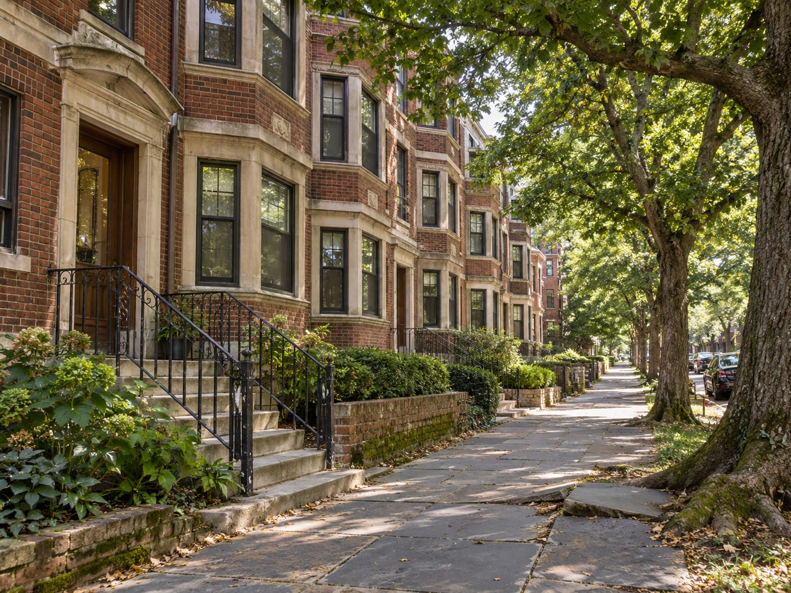 A row of mid-rise apartment buildings with balconies and a tree-lined sidewalk in afternoon light