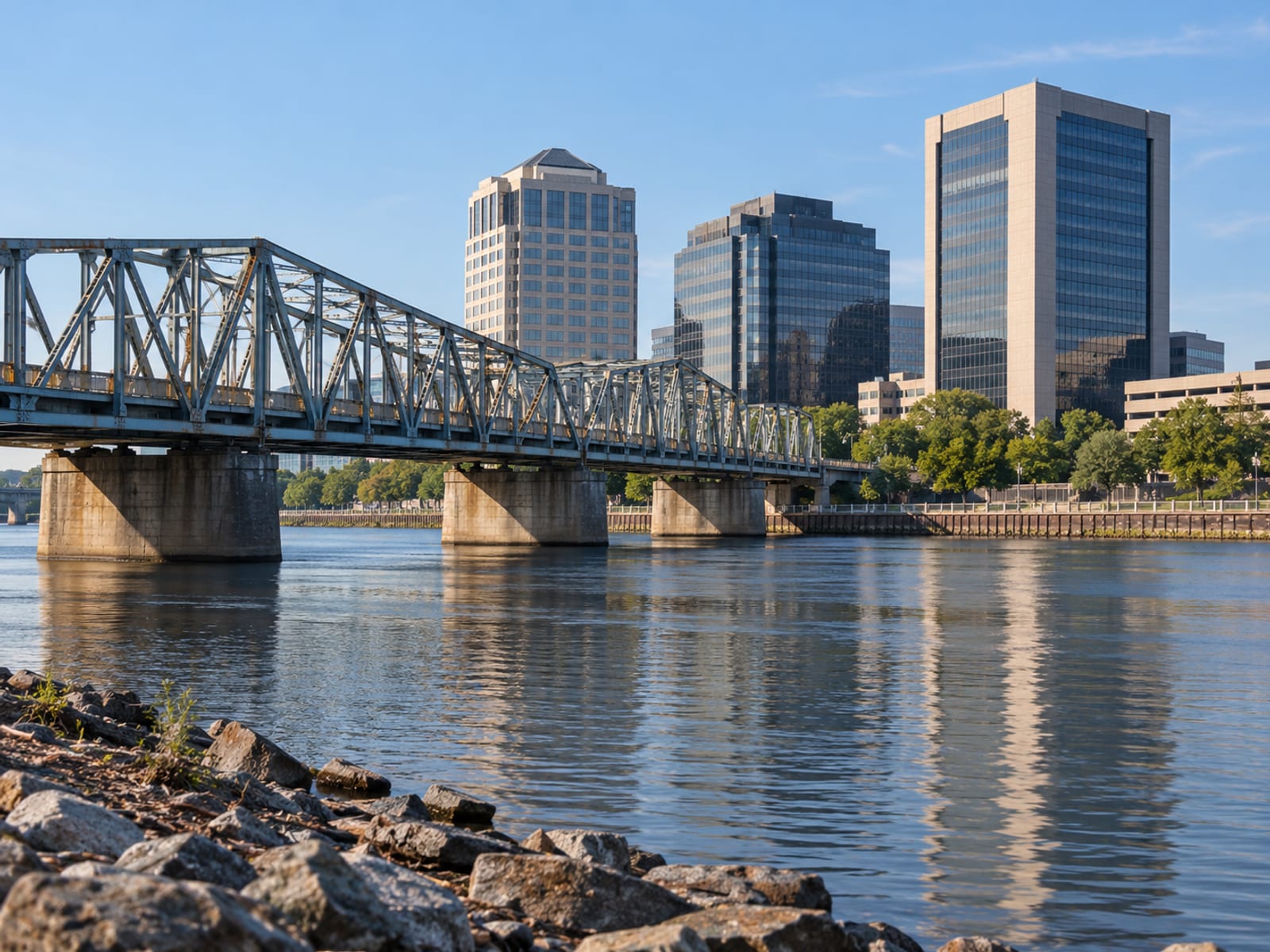 Downtown office towers along a river with a bridge in the foreground under a clear sky