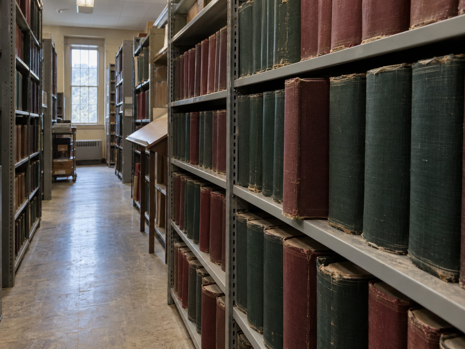 Rows of closed record binders on metal shelves in a quiet municipal records room