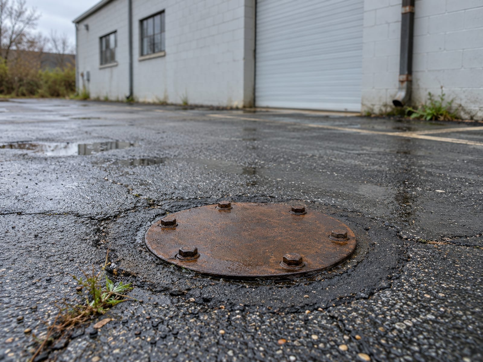 A round steel monitoring well cover set into an asphalt parking lot beside a low industrial building