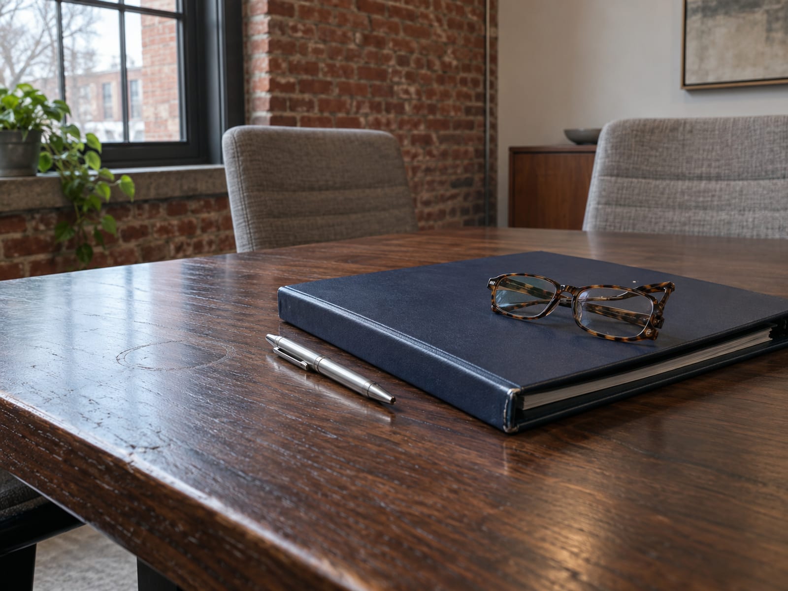 A closed policy binder, a pen and reading glasses on a wooden conference table in an empty office