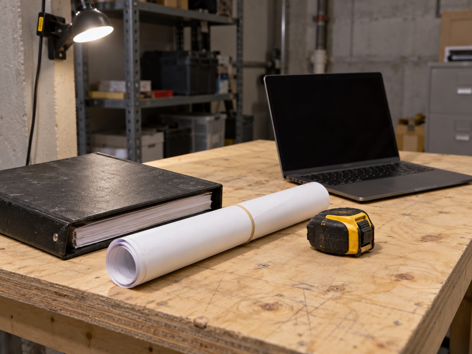 Una mesa de reuniones con una carpeta cerrada, un plano de levantamiento en blanco enrollado, una cinta métrica y una computadora portátil junto a una ventana