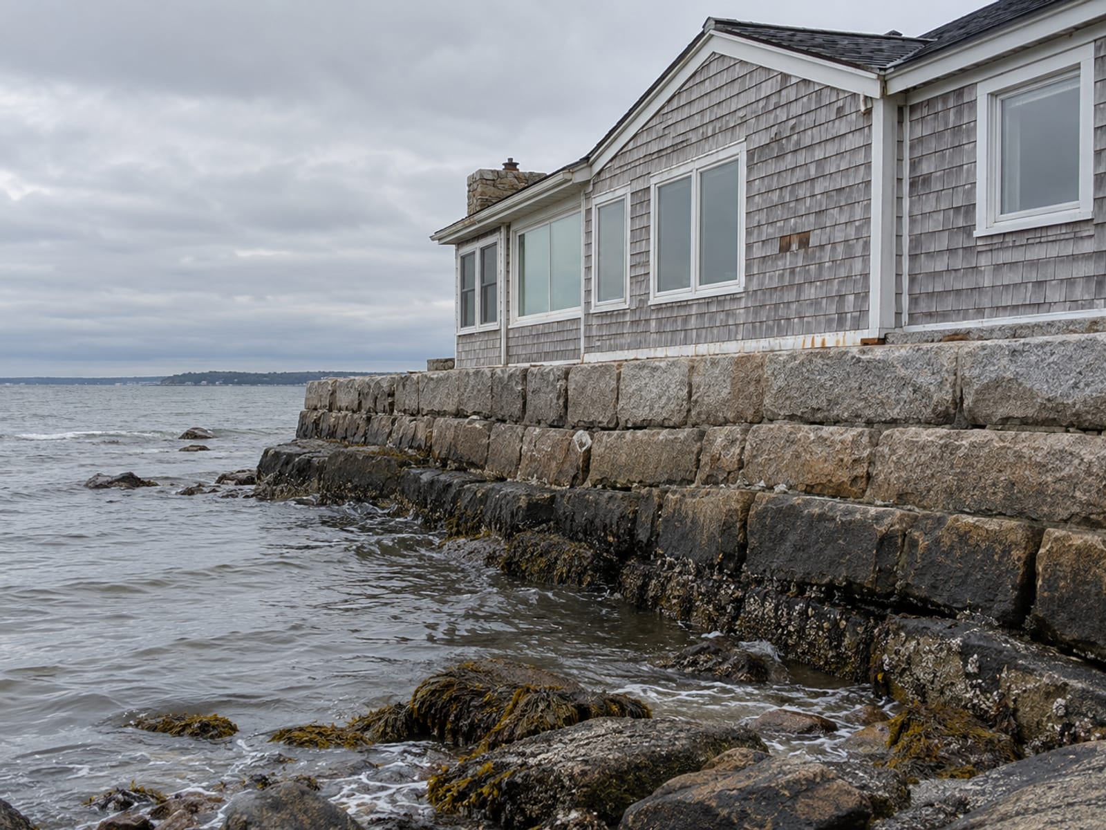 Un edificio comercial bajo detrás de un muro de contención de piedra en la costa de Connecticut bajo un cielo gris