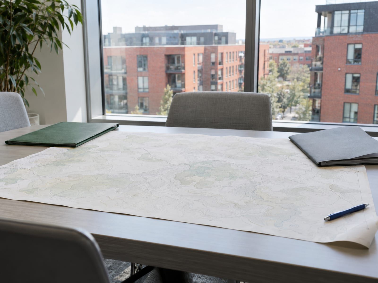 A conference table with closed folders, a blank map sheet and a pen beside a window overlooking apartment buildings