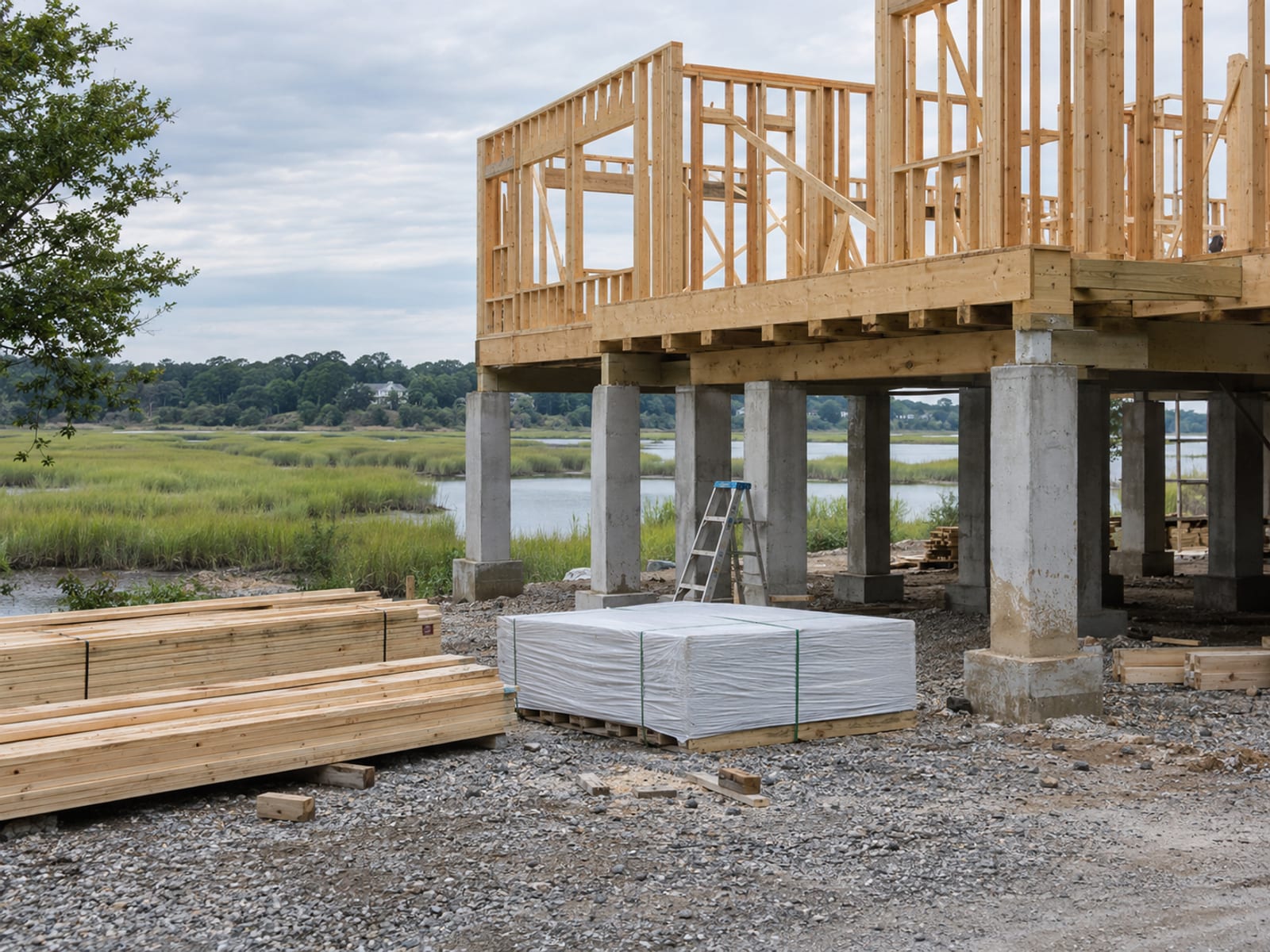 A two-story commercial building raised on new concrete piers beside a tidal marsh with building materials stacked nearby