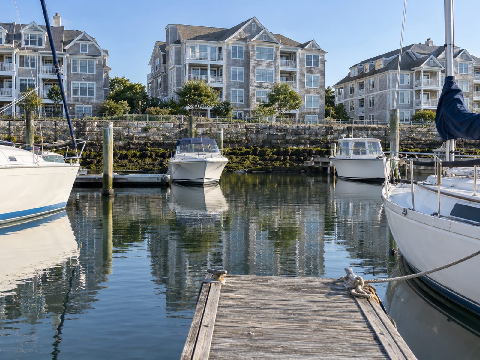A row of mid-rise apartment buildings and a small marina along a shoreline under a clear sky