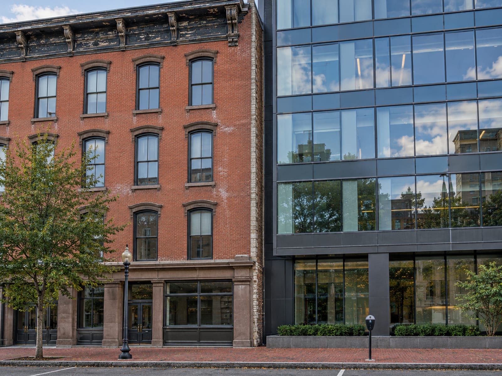 An older four-story brick commercial building with tall windows beside a newer glass office block on a city street