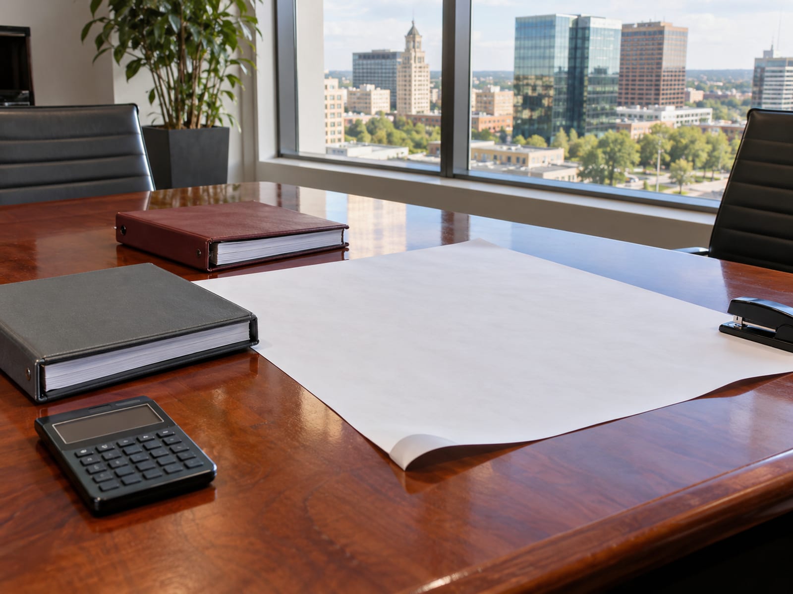 A conference table with closed binders, a blank site plan and a calculator beside a window overlooking office buildings
