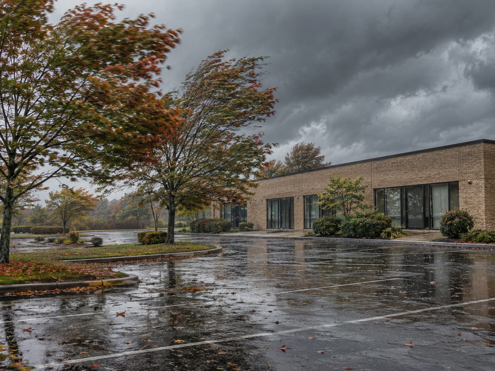 A low commercial building and a parking lot under dark storm clouds with trees bending in strong wind