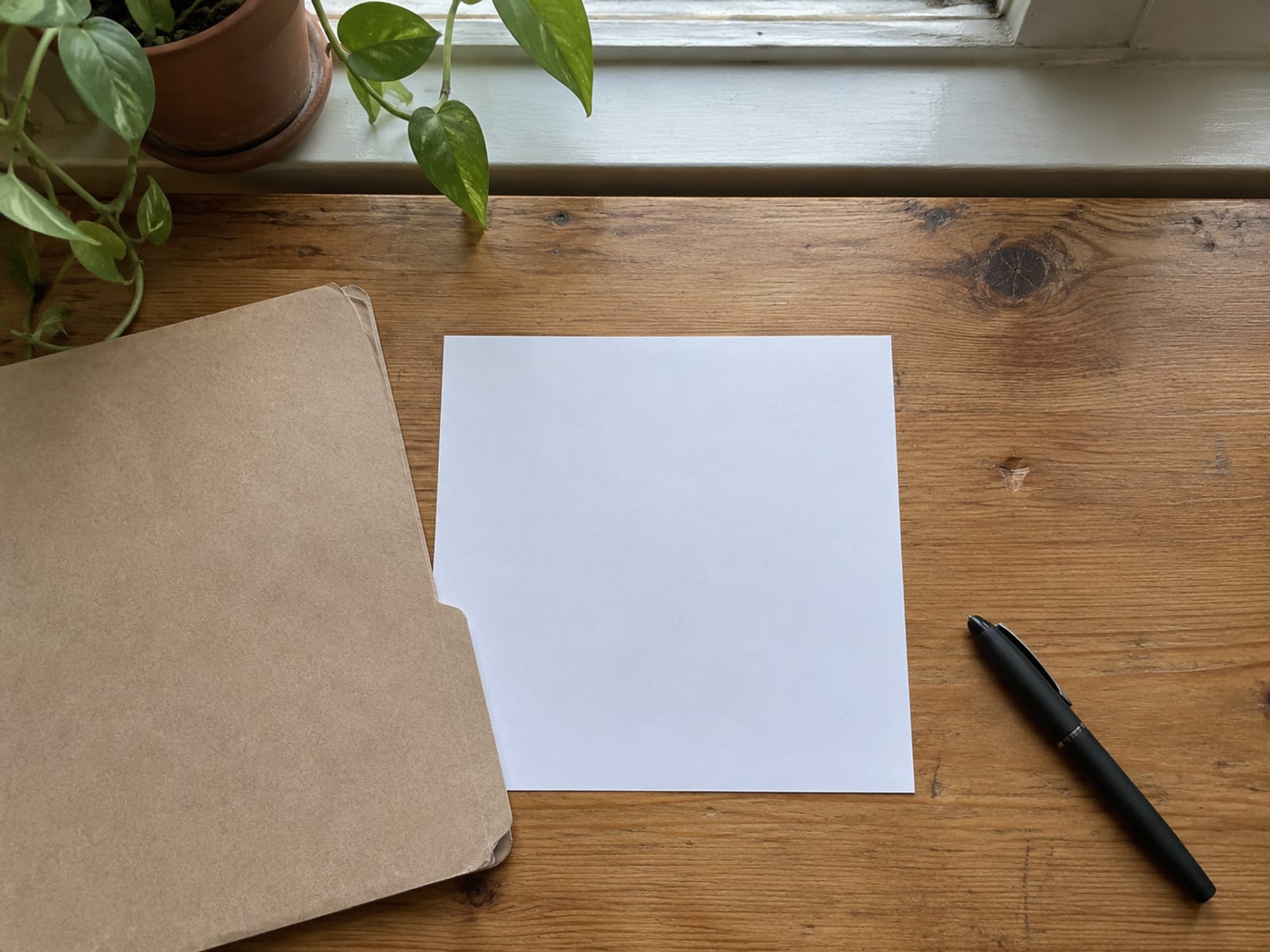 A blank one-page form, a closed policy folder and a pen on a wooden desk beside a window