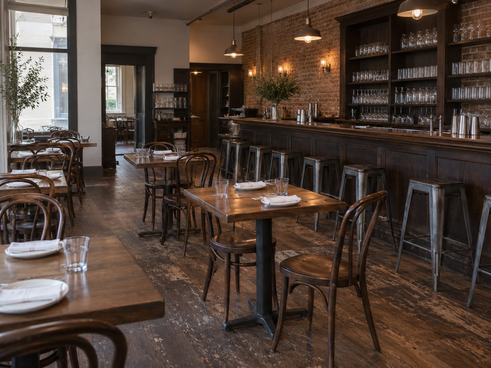 An empty restaurant dining room with set tables and a bar counter lined with stools in warm evening light