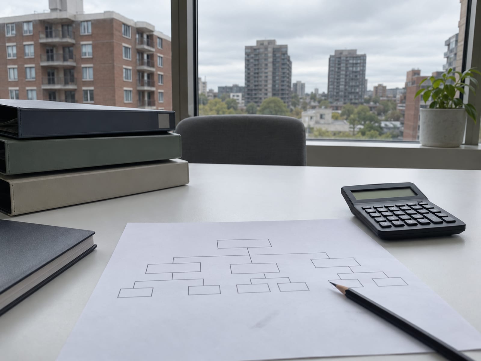 A conference table with closed binders, a blank organization chart and a calculator beside a window overlooking apartment buildings