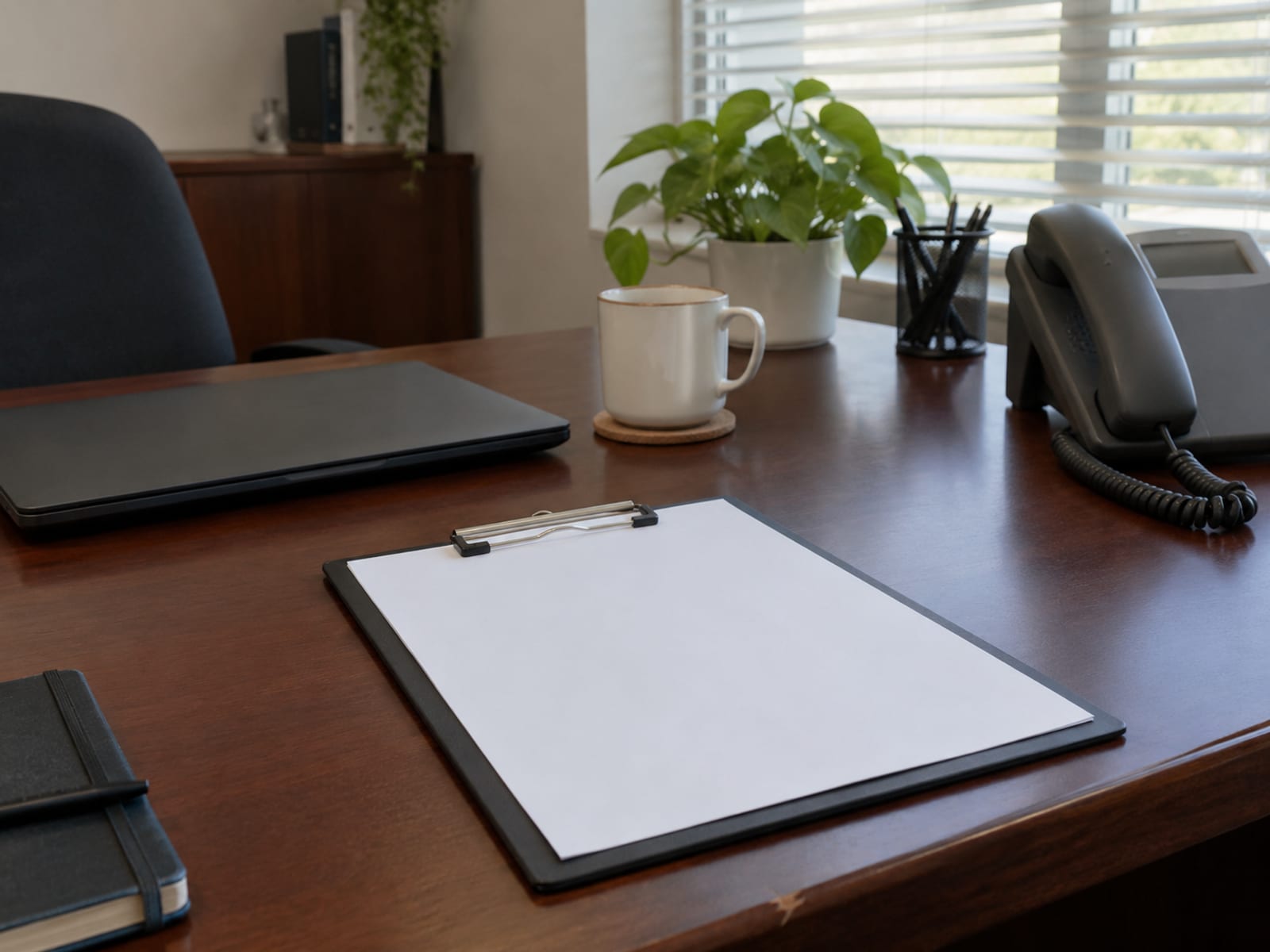 A quiet office desk with a closed laptop, a blank injury report form and a telephone beside a window