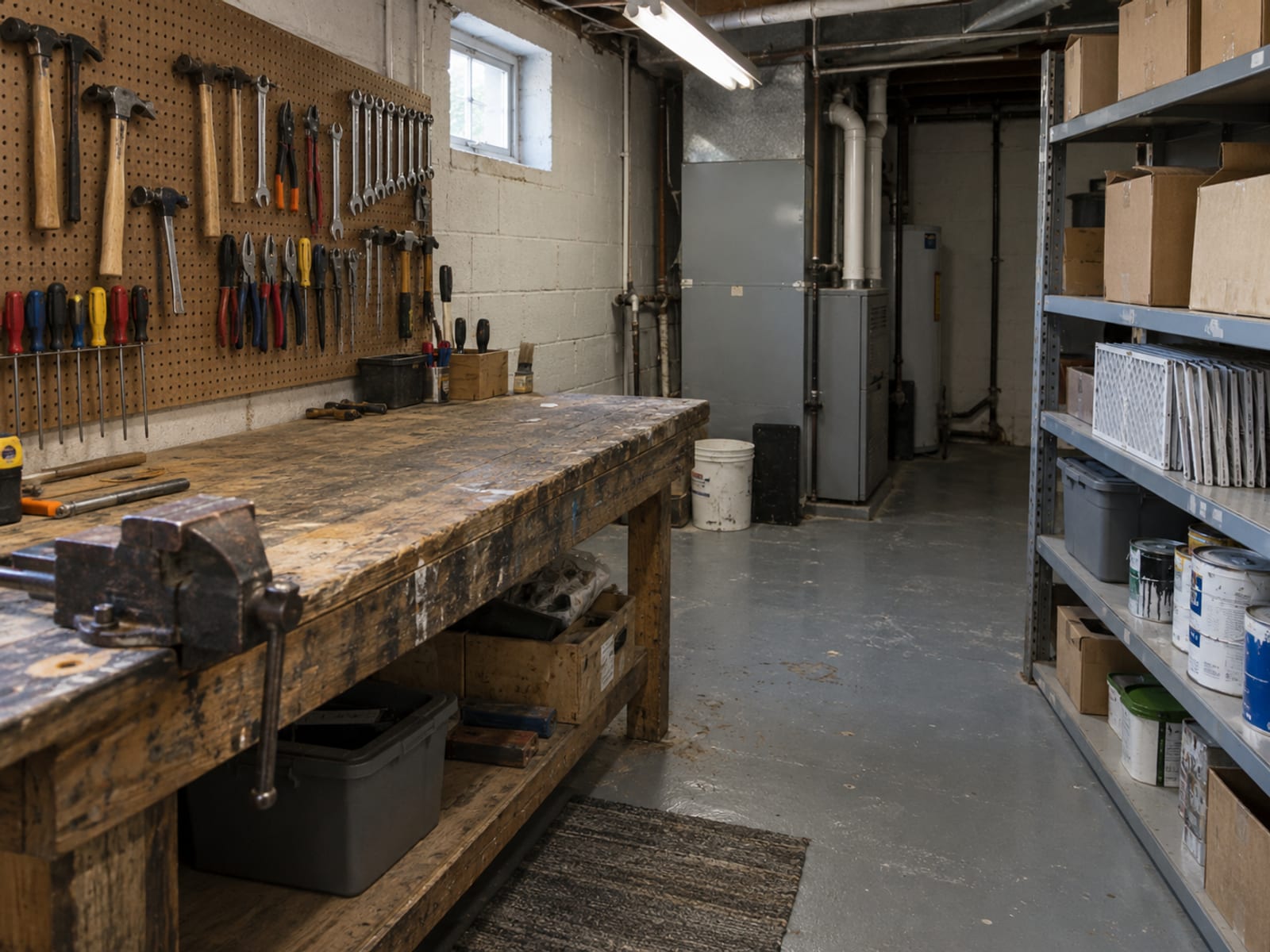 A building maintenance room with a workbench, neatly hung hand tools and shelves of supplies in an apartment basement