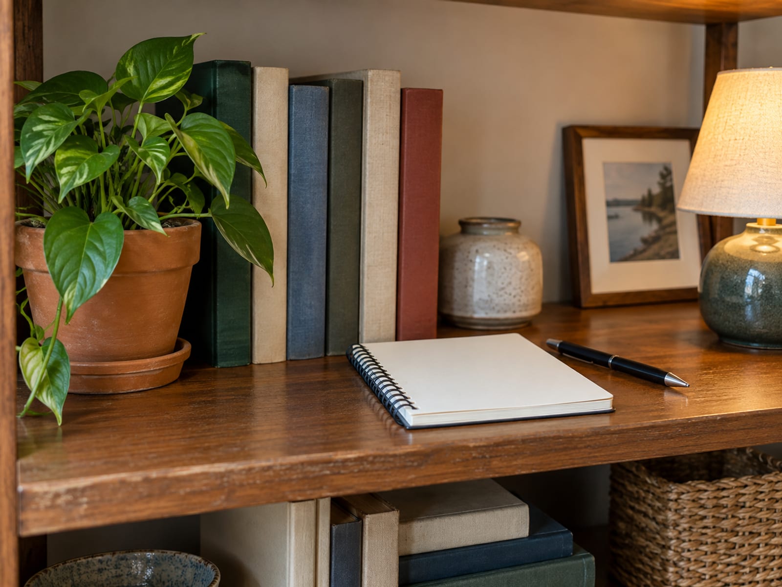 Un televisor, una laptop y una pequeña pila de libros en un estante junto a un bloc de notas en blanco y un bolígrafo