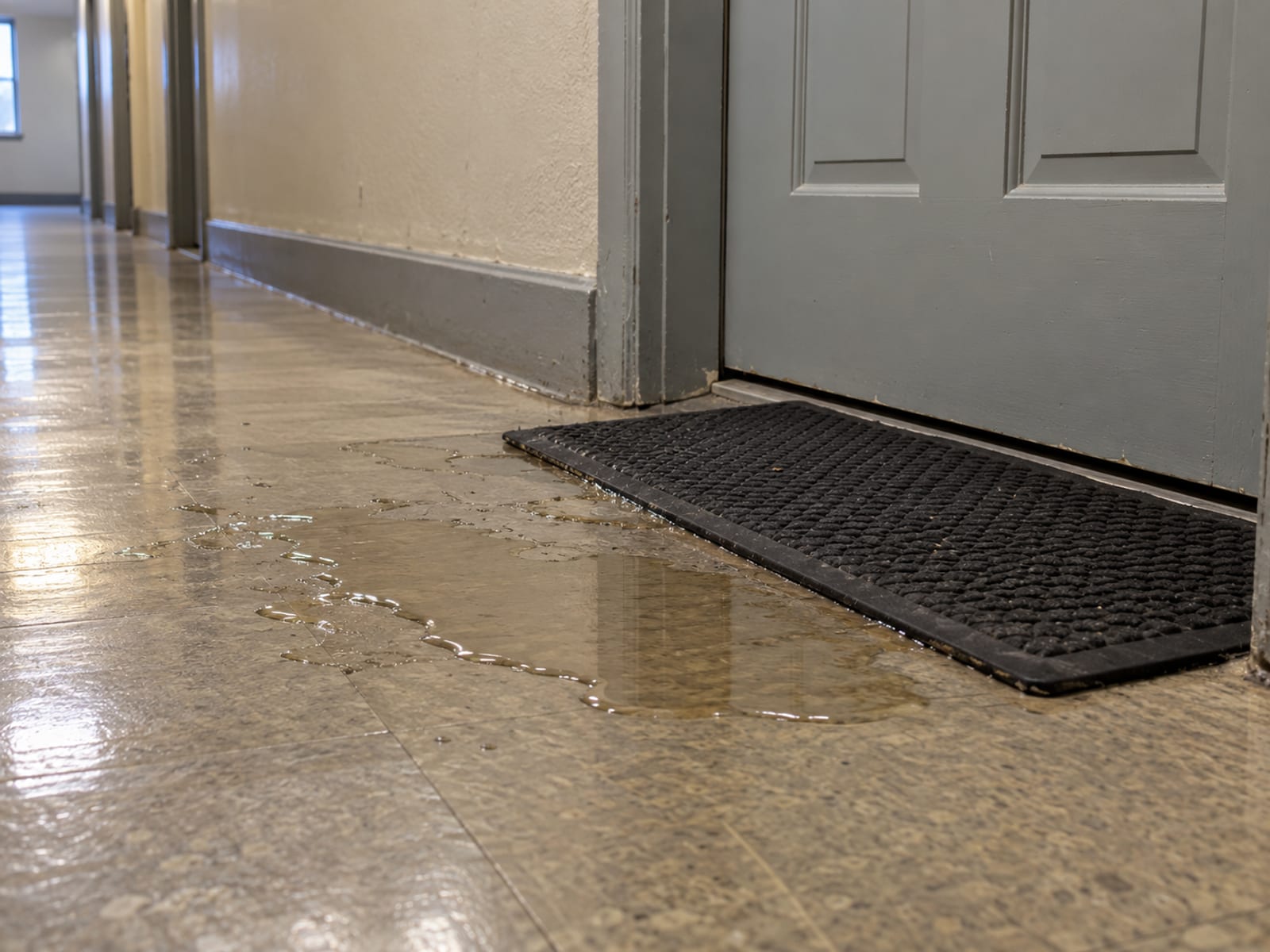 Un pasillo tranquilo de un edificio de apartamentos con un pequeño charco de agua junto a una puerta cerrada y un tapete