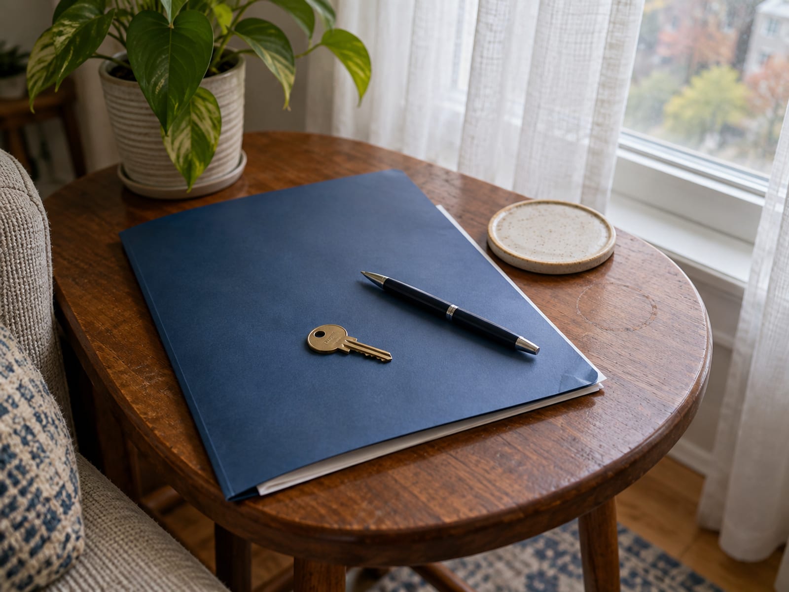 Una carpeta de contrato de alquiler, un bolígrafo y una llave pequeña sobre una mesa junto a una ventana, con todas las páginas en blanco