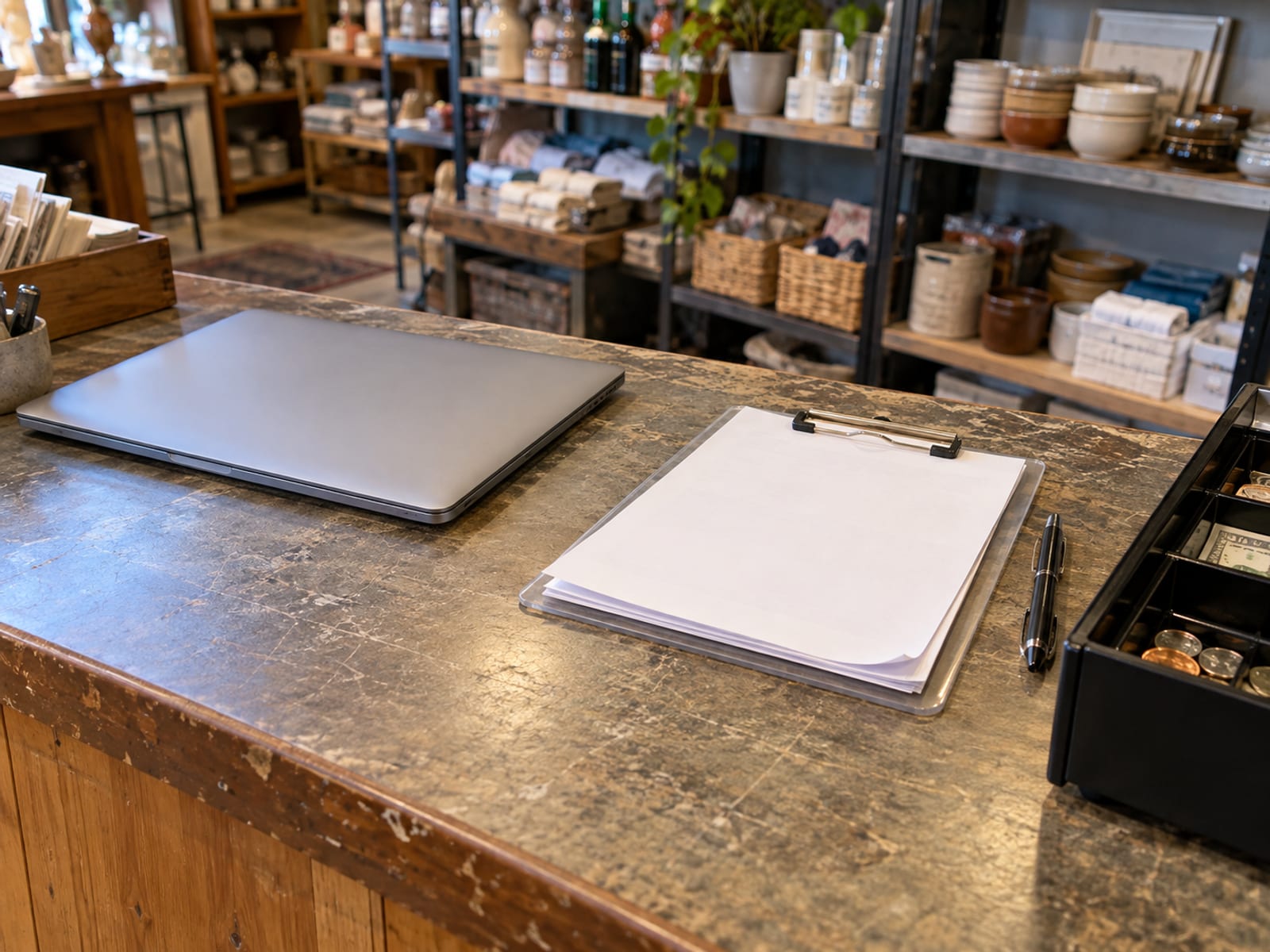 Un mostrador de una tienda pequeña con una laptop cerrada, una tabla con formularios en blanco y un bolígrafo bajo la luz del día