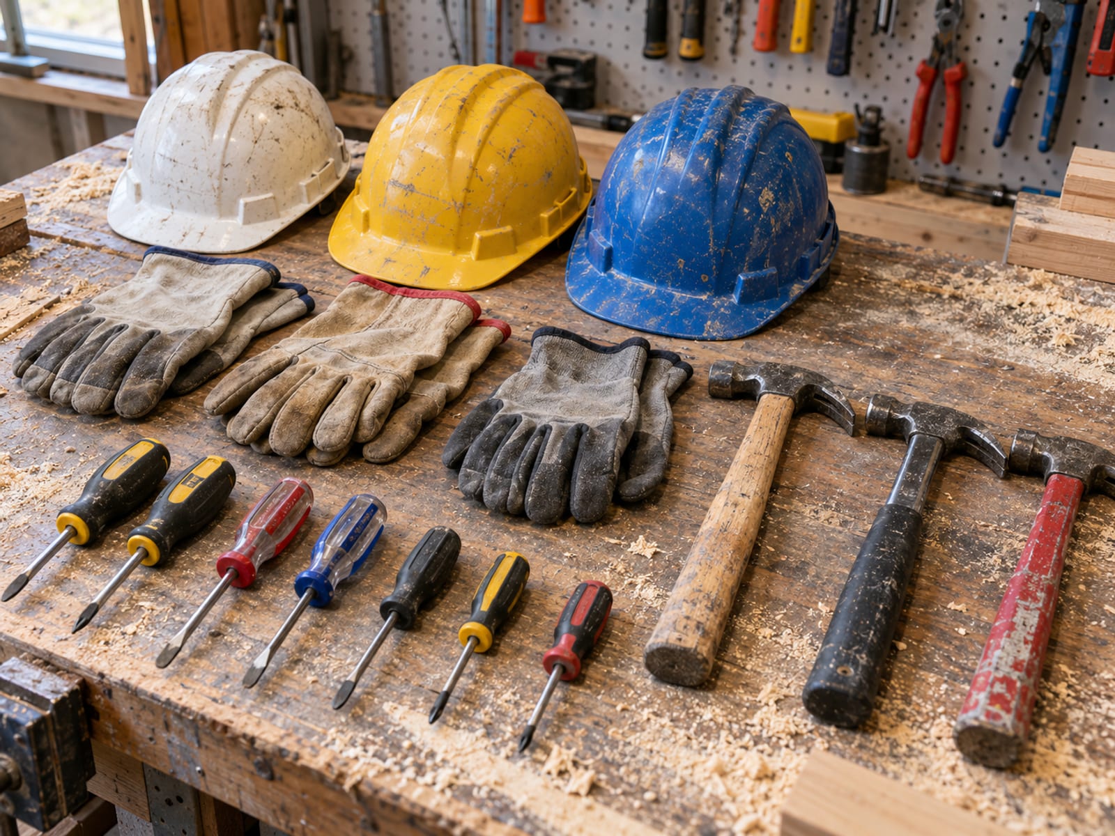 Un banco de taller ordenado con cascos, guantes de trabajo y herramientas de mano en filas
