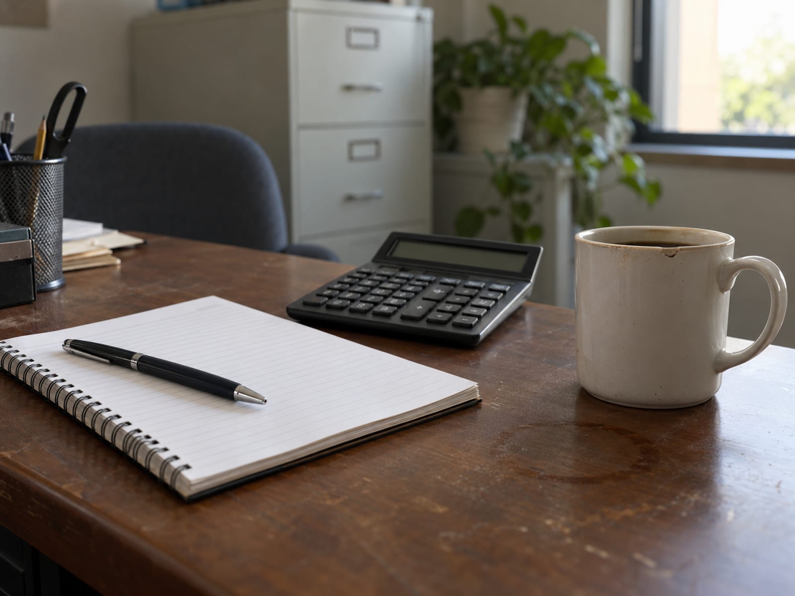 Una libreta, un bolígrafo y una calculadora junto a una taza de café en el escritorio de una oficina pequeña