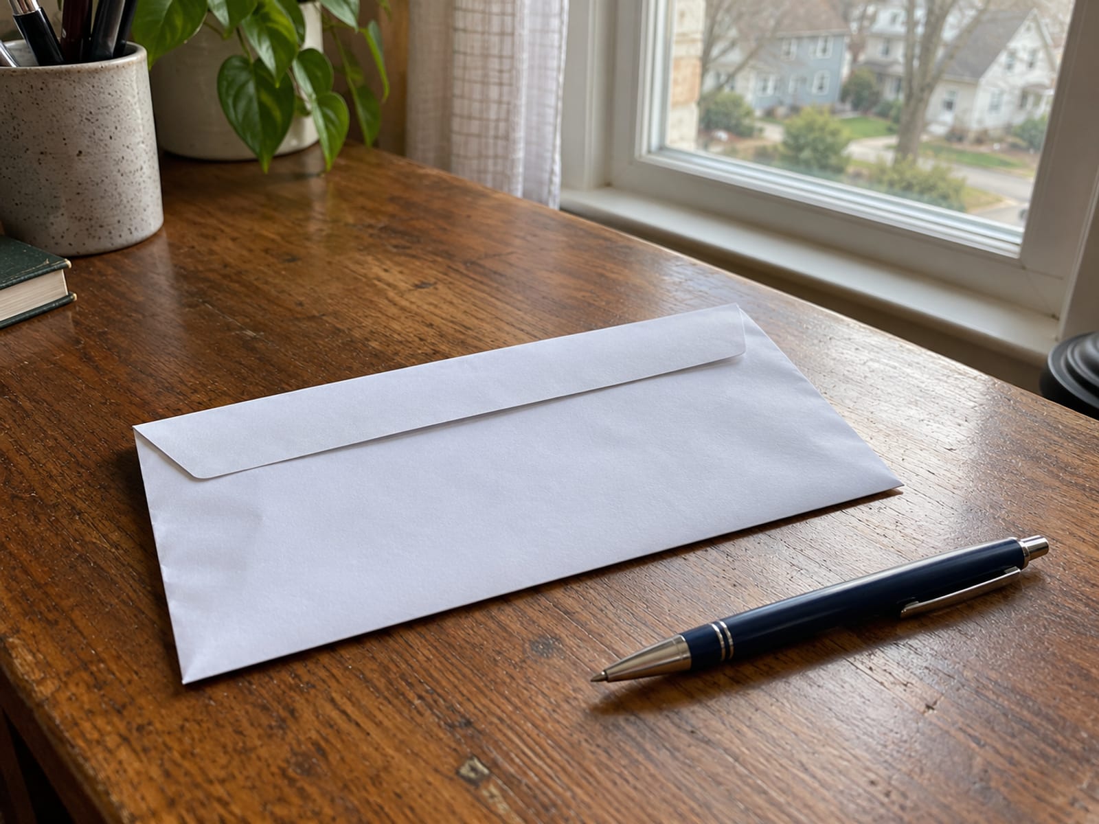 Un sobre cerrado y un bolígrafo sobre un escritorio de madera junto a una ventana