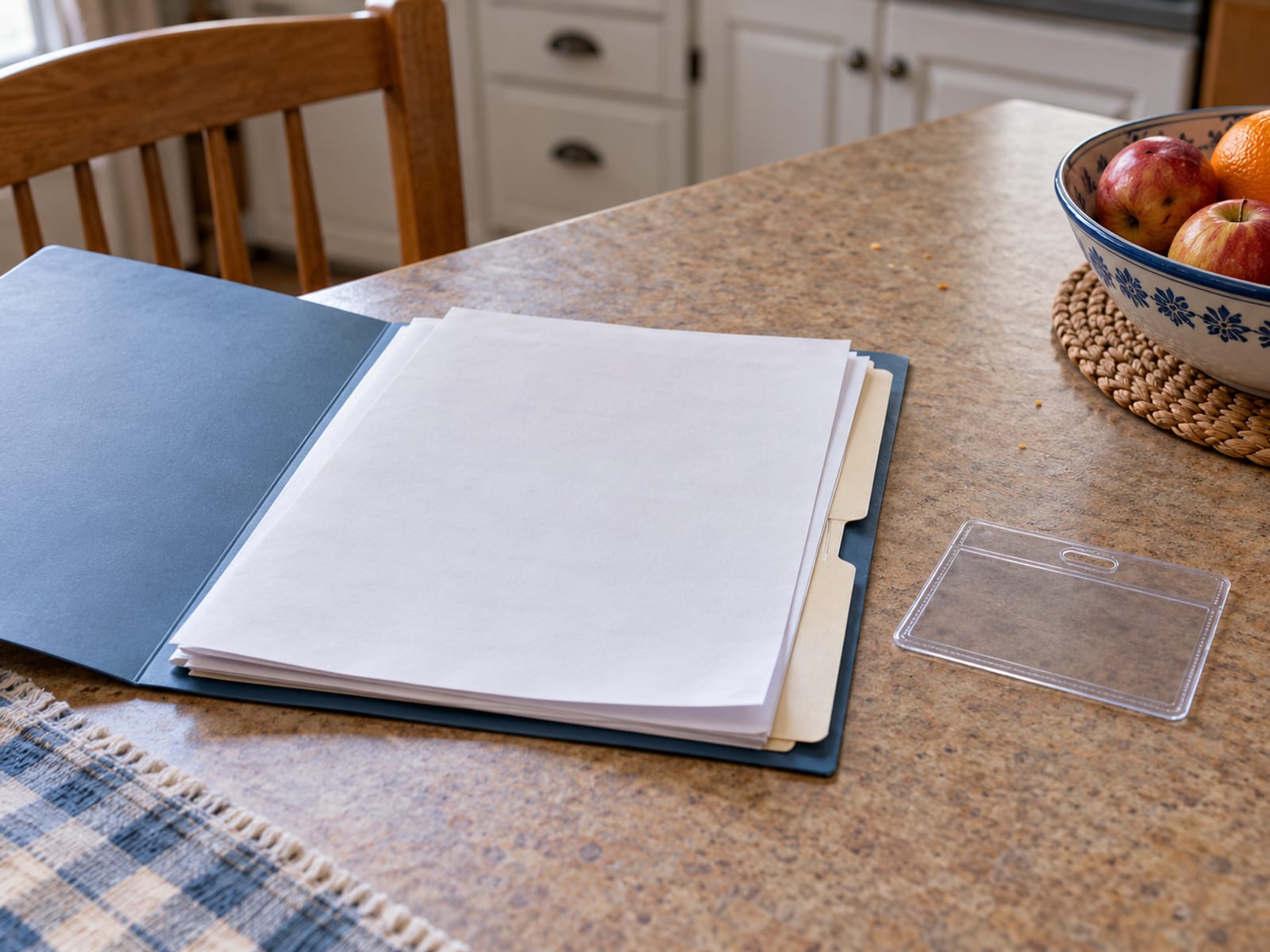 Una carpeta con hojas en blanco y un porta tarjetas de plástico sobre la mesa de una cocina