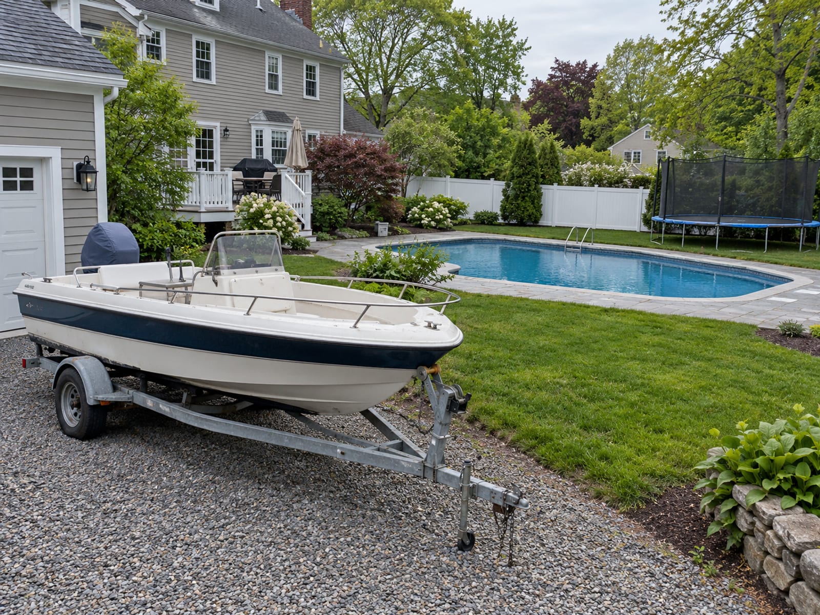 A backyard with a swimming pool, a trampoline and a small boat on a trailer in the driveway